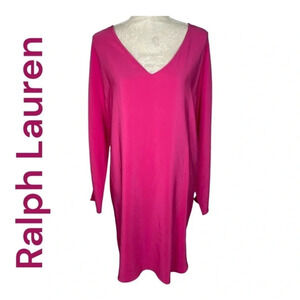Ralph Lauren 100% Silk Hot‎ Pink V Neck Long Sleeve Jenning Dress